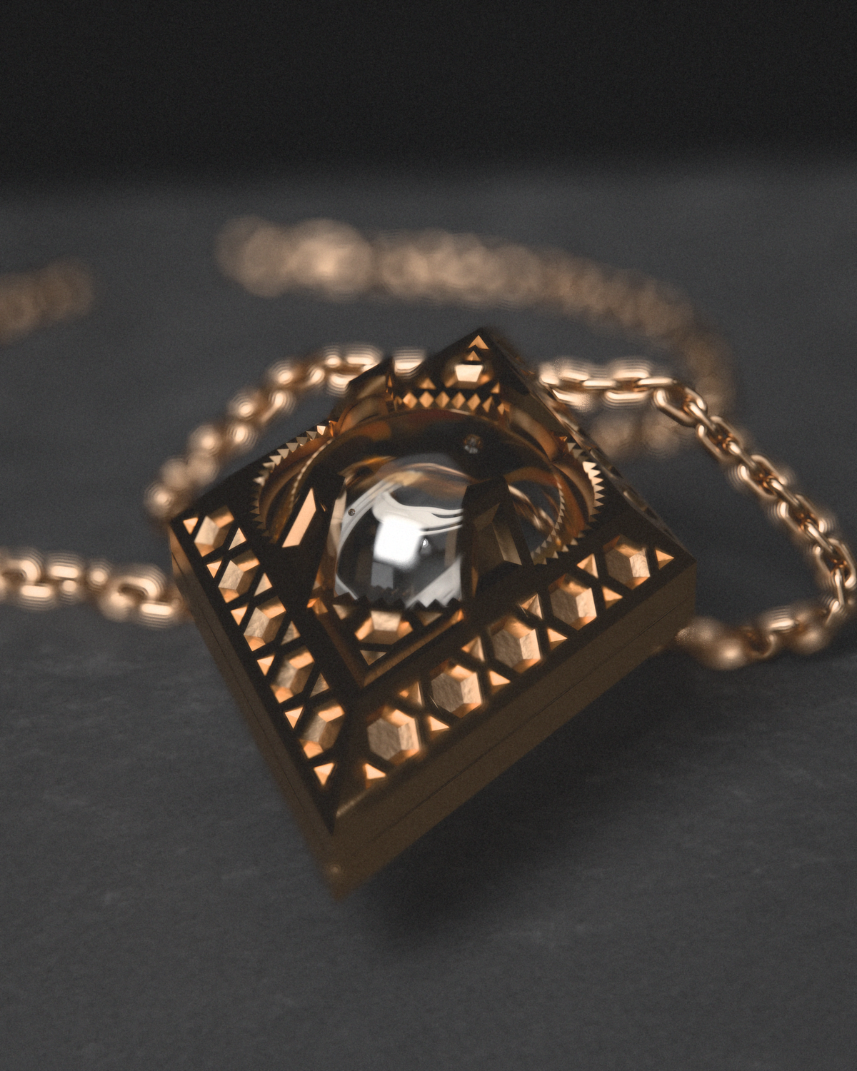 Orb Amulet — close-up of the bronze lattice and marble